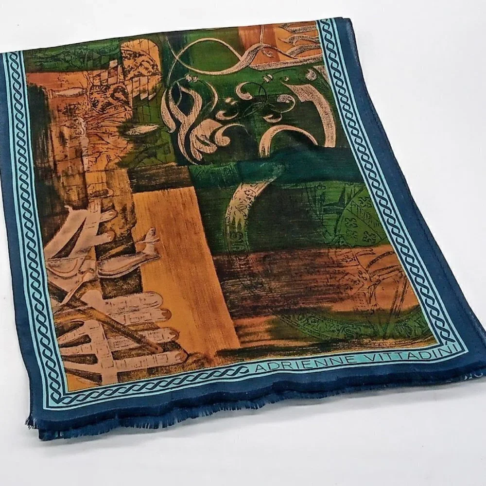 Vintage Adrienne Vittadini Equestrian Print Silk Fringed Oblong Scarf